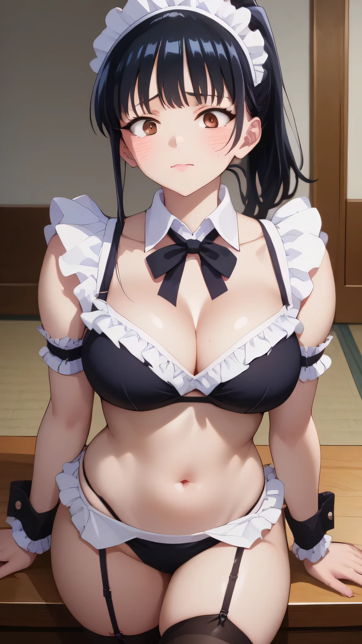 anna yamada, anna yamada, anna yamada,anna yamada,  long hair, bangs, black hair, brown eyes, score_9,  score_8_above,  score_7_above,  score_6_above,  score_5_above,  score_4_above,   source  _real, Label 1, Label2, quality_ masterpiece,  Anatomically Correct,  realistic , 1 women, Japanese girl,  big breasts,  saggy breasts,  thick thighs , oily skin,  medium hair,  black hair,  straight bangs , sideburns,  high ponytail ,  straight hair ,  dark brown eyes , ashamed,  maid bikini,black bikini, maid headdress, detached collar, thighhighs,frills,ribbon,arm garter,leg garter,wrist cuffs