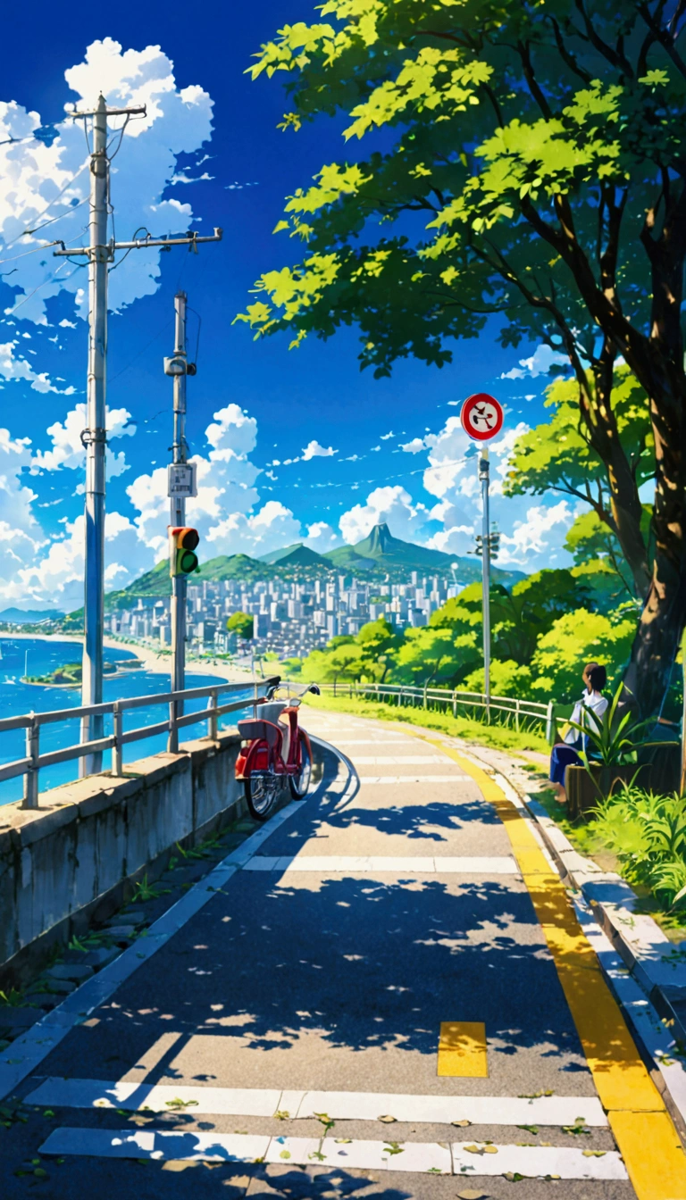 Picture of a street near the water , Traffic Light on a Telephone Pole , rio de janeiro in an Japanese Manga  film, Japanese Manga . author：Makoto Shinkai, Japanese Manga  landscape, author：Makoto Shinkai, author：Makoto Shinkai, Japanese Manga  landscape wallpaper, Japanese Manga  scenery, hd Japanese Manga  cityscape, Makoto Shinkai和 (cain kuga), Makoto Shinkai&#39; style for stilets,  high res, U high res,  high resR, 32,000 people,9:16