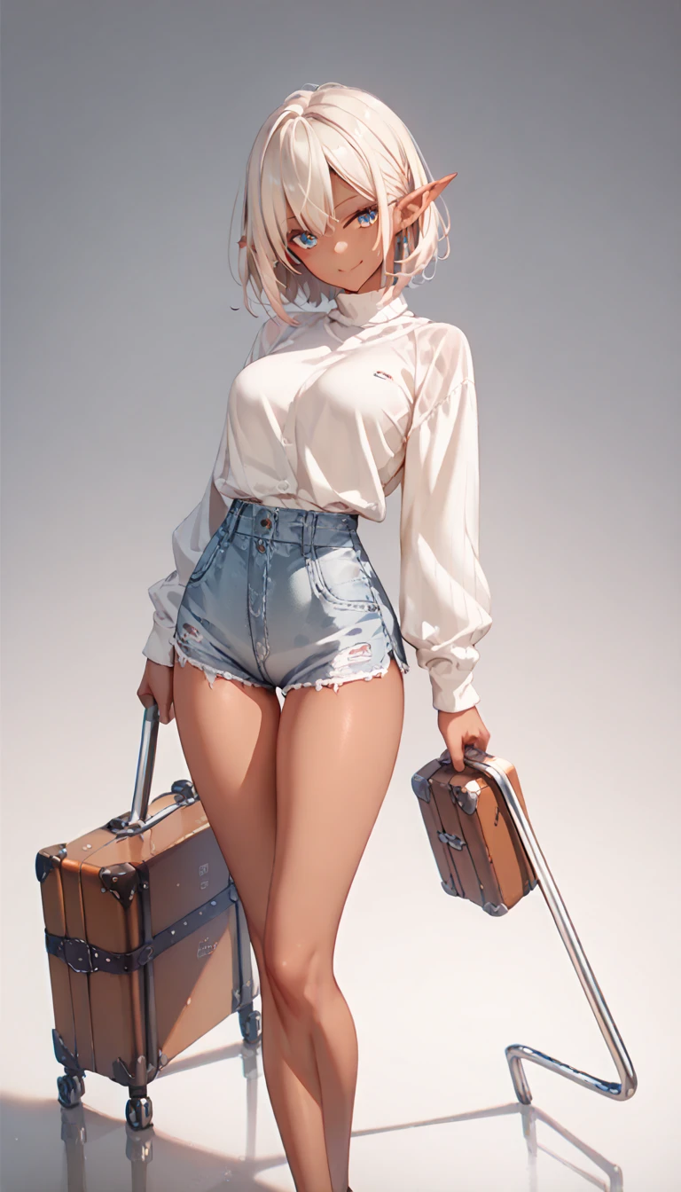  ,    dark skin  ,   smooth skin,  elf, smile,  standing device, girl-,   thin waist, dug up , mini shorts,   medium suitcase  