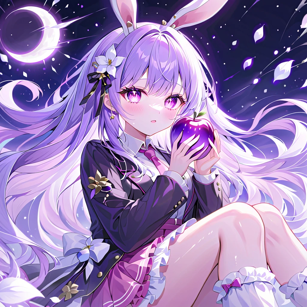 cool effect, flying white flower petal, (glowing eyes), best quality, It's so beautiful that my eyes are dizzy, 1 girl, Reisen udongein ianaba, sitting on engawa, japanese residence, japanese garden, dangling one's legs, 1 girl, solo, purple hair, long hair, red eyes, clear eyes, beautiful, clear eyes that look like jewels, ((holding a shining transparently a purple and pink gradation apple)), rabbit ears, white shirt, red necktie, pink midi skirt, loose socks, black loafers, nevy blazer, from side, look apple, look away, from below, dutch angle, back light, a moon, crepuscular rays, faint light, looking away, star sky, night, surrounding white flower, shining eyes, the most beautiful eyes, the most beautiful skin, the most beautiful face, the most delicate eyes, the most delicate skin, sparkle, star \(symbol\), Beautiful color palette, maximum facial detail, maximum eye detail, maximum skin detail, maximum background detail, maximum hand detail, maximum hair detail, maximum light detail, maximum props detail, 