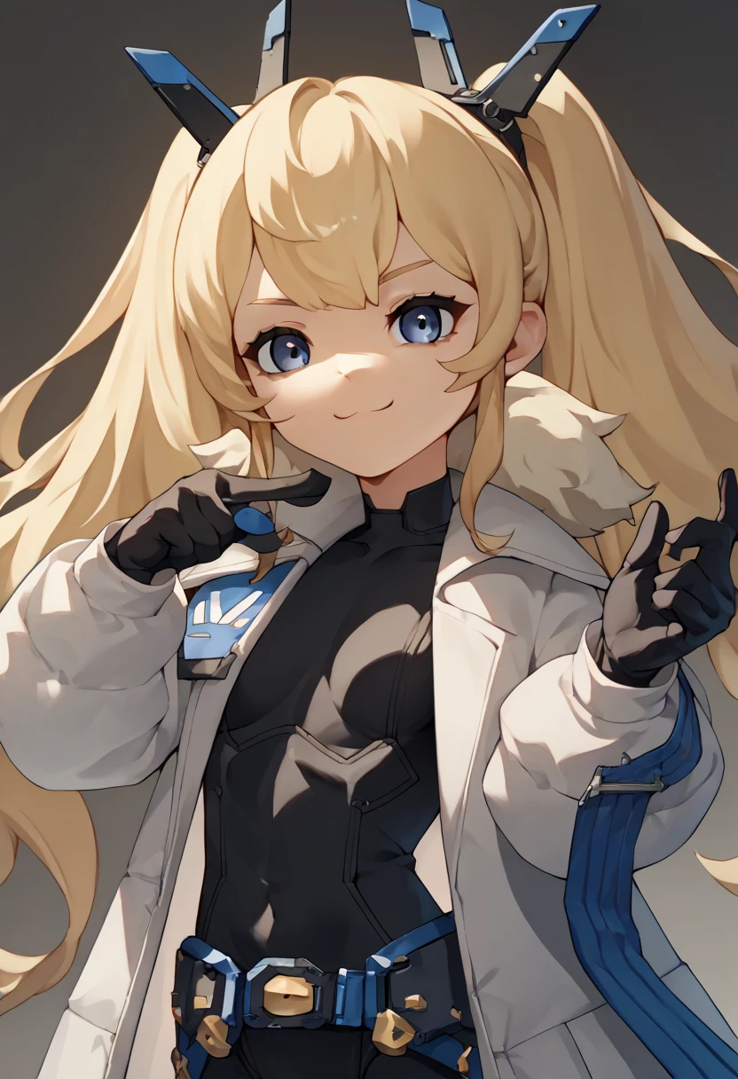 score_9, score_8_ up, score_7_ up,  Source_ anime 1 girl, Laplace, Blonde,  twin tails,  long hair,  hair accessories,  blue eyes,  put a face on the face,  black bodysuit,  small breasts,  white coat,  ãÃ¼ãÃÃ¤Ã³, belt,  Black Gloves, smile,  viewers, hand  up