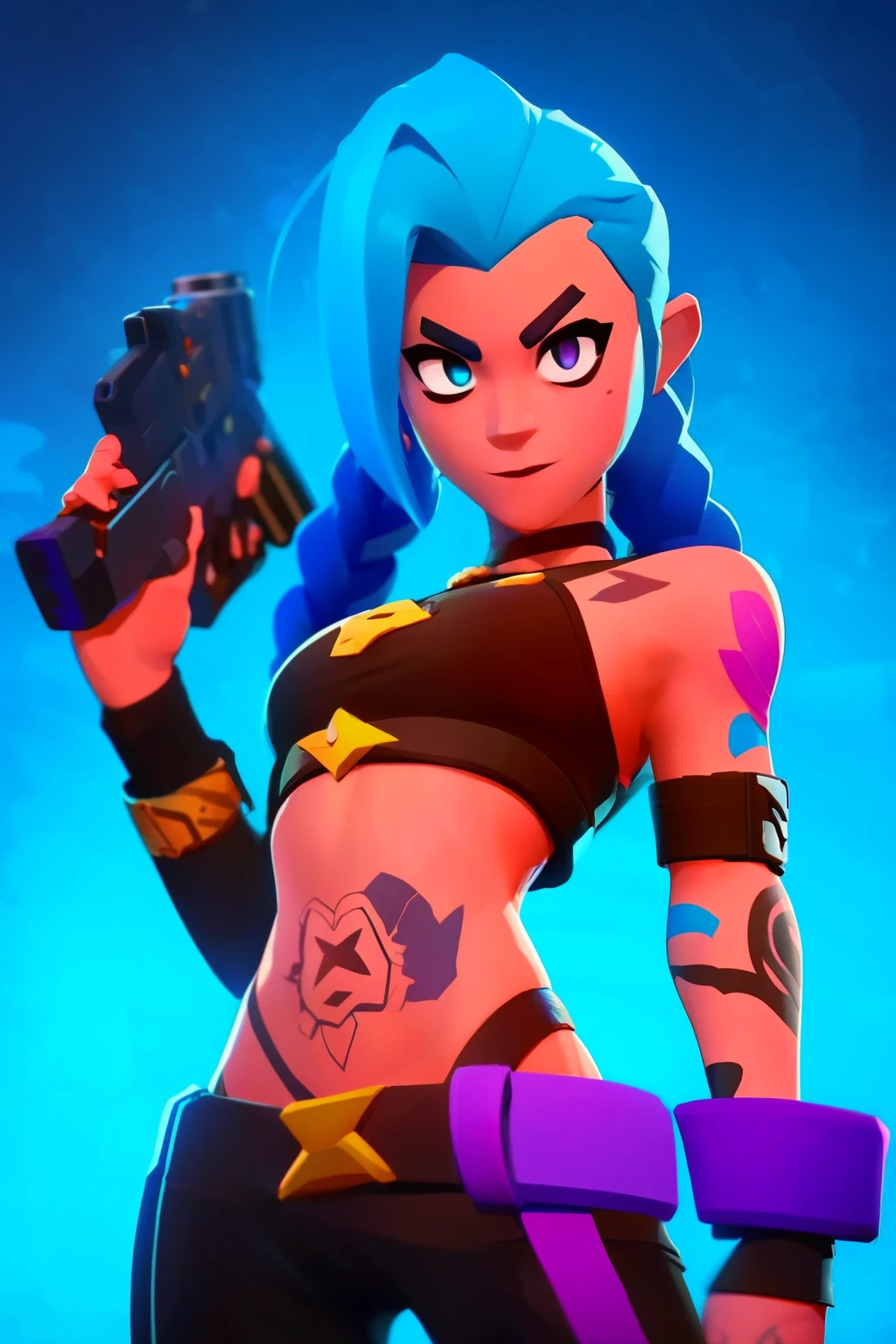 (masterpiece, best quality:1.2), 1girl, solo, Jinx, wearing a Jinx Arcane Costume, tattoo, belly tattoo blue hair with two long twin braids detailed. Neon graffiti Background. a close up of a person holding a gun and a flashlight , brawl stars, splash art brawlstars, epic art style, blaster fire bright as neon, game character, in game style 8k, merged character, fortnite art style, stylized character, holding a blaster, slick clammy skin, clash royal style characters, mobile game style, new character