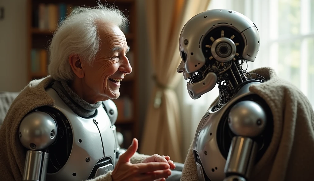A bald old man hugged an artificial intelligence robot with an expression of admiration. --auto --s2