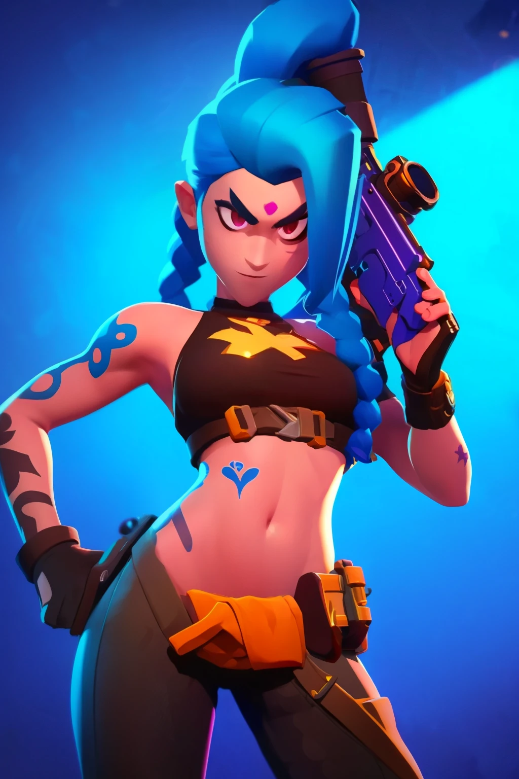 (masterpiece, best quality:1.2), 1girl, solo, Jinx, wearing a Jinx Arcane Costume, tattoo, belly tattoo blue hair with two long twin braids detailed. Neon graffiti Background. a close up of a person holding a gun and a flashlight , brawl stars, splash art brawlstars, epic art style, blaster fire bright as neon, game character, in game style 8k, merged character, fortnite art style, stylized character, holding a blaster, slick clammy skin, clash royal style characters, mobile game style, new character