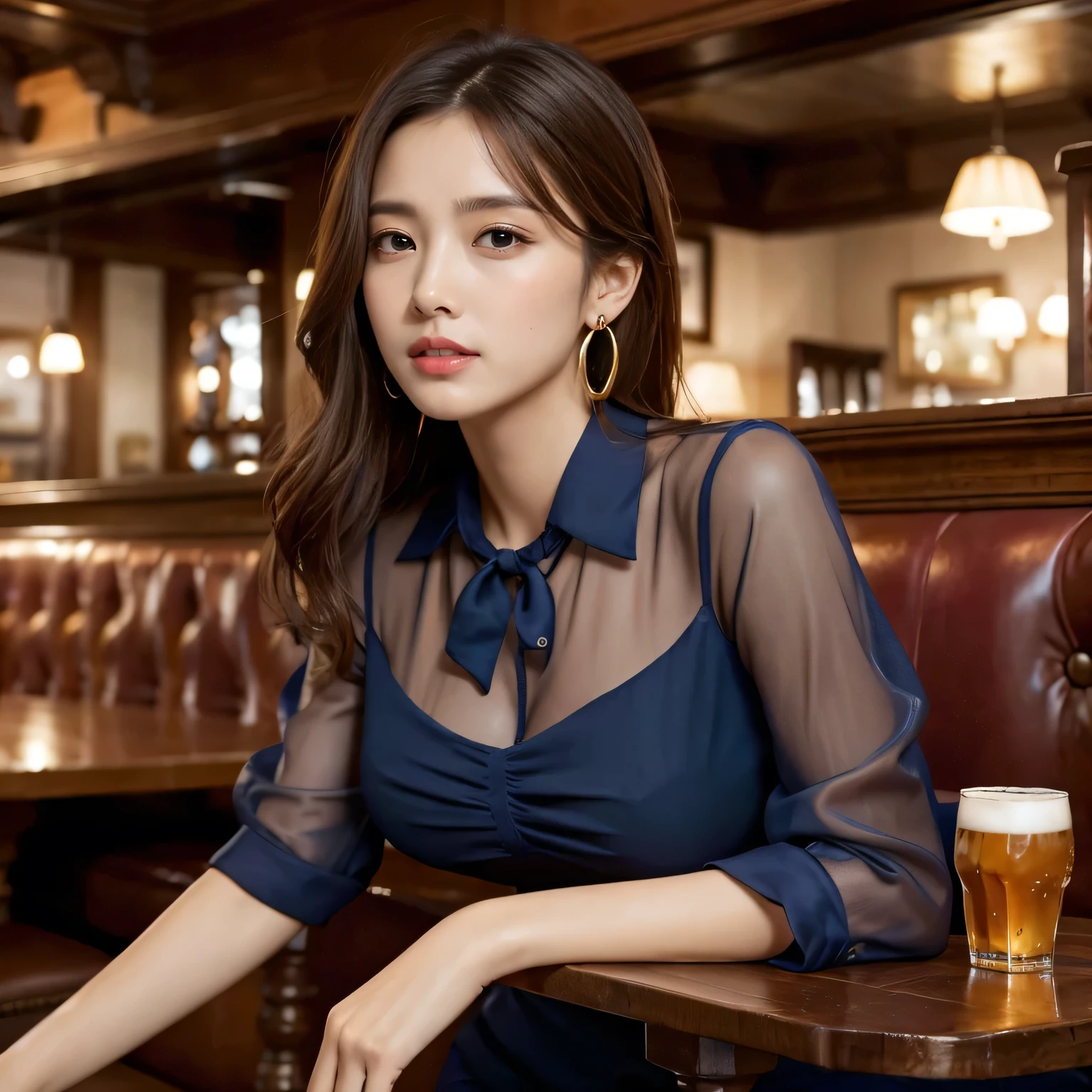 masterpiece, highest quality, Realistic, Very detailed, Finer details, High resolution, 8k wallpaper, One beautiful woman, Wear a navy blue see-through blouse, In a great pub, At night, Light brown messy hair, Perfect dynamic composition, Beautiful and beautiful eyes、Big earrings、Sitting in a chair、