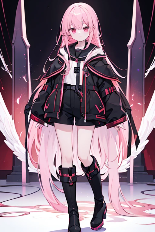  top quality , Super fine, 16k, 2.5D, whole, long boots, black shorts ,Long coat made of thin fabric based on red,flashy t-shirt 、 Delicate and Dynamic Depiction ,pink long hair,Play sacred sounds with beautiful game characters' singing voices, Transparent, translucent, and rainbow-colored barriers break , Game Production Effects , A mysterious background where forest and city coexist,  fantasy world ,  prime lens ,  Lens Filters , Clear Subject