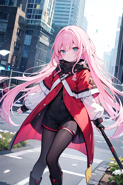  top quality , Super fine, 16k, 2.5D, whole, long boots, black shorts ,Long coat made of thin fabric based on red,flashy t-shirt 、 Delicate and Dynamic Depiction ,pink long hair,Play sacred sounds with beautiful game characters' singing voices, Transparent, translucent, and rainbow-colored barriers break , Game Production Effects , A mysterious background where forest and city coexist,  fantasy world ,  prime lens ,  Lens Filters , Clear Subject