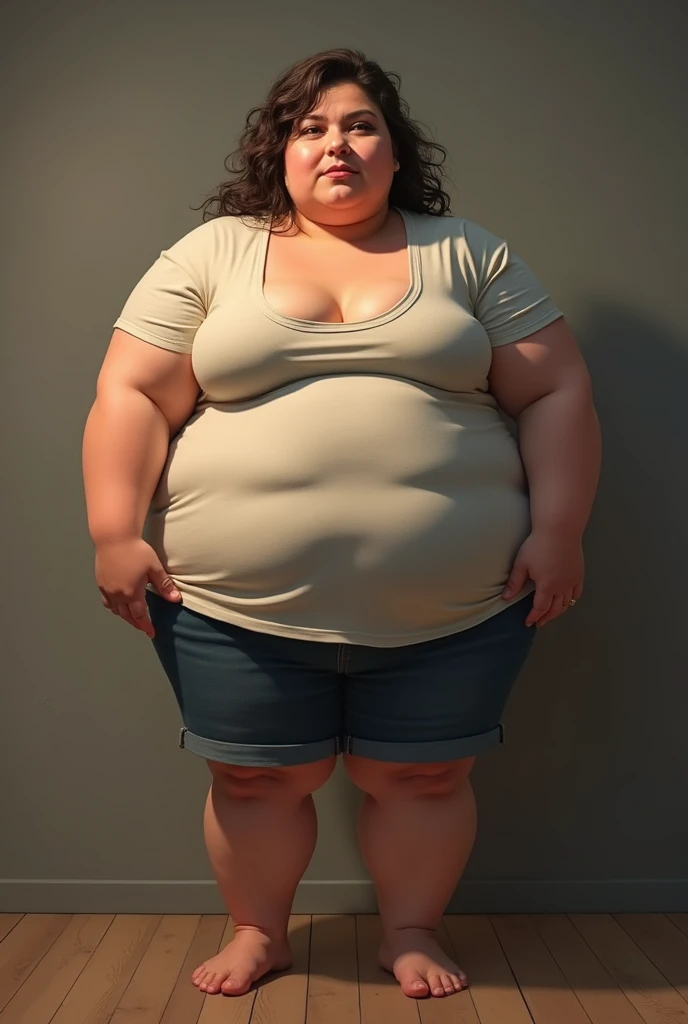 Scared woman with giant breasts and buttocks, skinny and thin, no fat person figure, model figure, dressed in a red t-shirt and black skirt