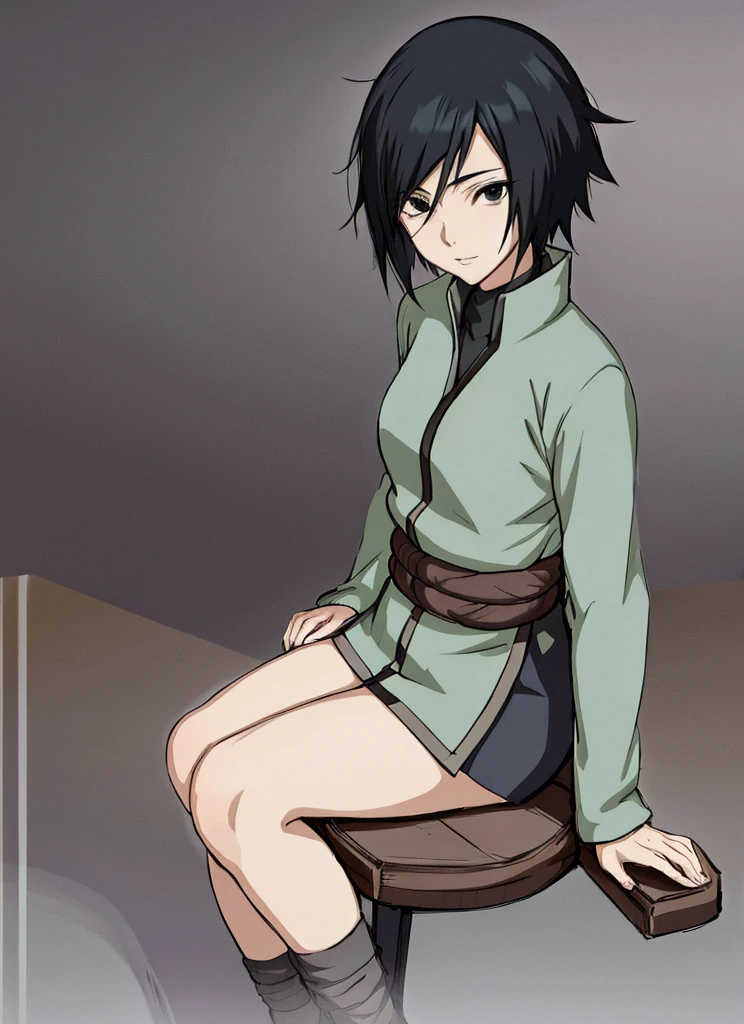 Anime character sitting at a table, Professor of the anime Naruto,  1 woman,  short black hair,  black eyes ,  full body portrait.