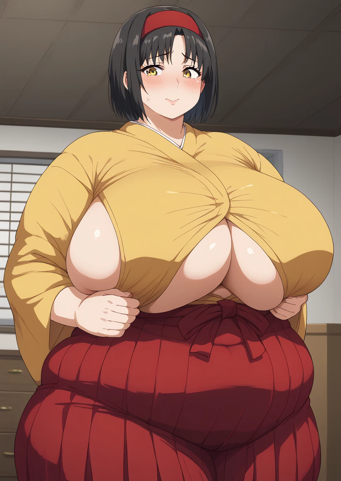 Erika, Erica,    yellow eyes  ,  Black Hair,  red headband,   Shorthair,  yellow kimono, Breasts completely covered with clothes,   Long Sleeve  , horny woman,  red hakama, score_9,   score_8_ up,   score_7_ up,   score_6_ up,   score_5_ up,   score_4_ up,     masterpiece   ,   top quality,     very aesthetic  ,    absurd,    Source_Anime, Anime screencap,    one woman , Alone,   personal   ,  Super huge breasts, (((S uper huge クレビス, Super huge , Super huge boob))), Curvy,   in her 20s,  Mature Woman,   obese , ,  troubled expression, ssbbw,  embarrassed expression, Japanese-style room, Hunger, hungry woman