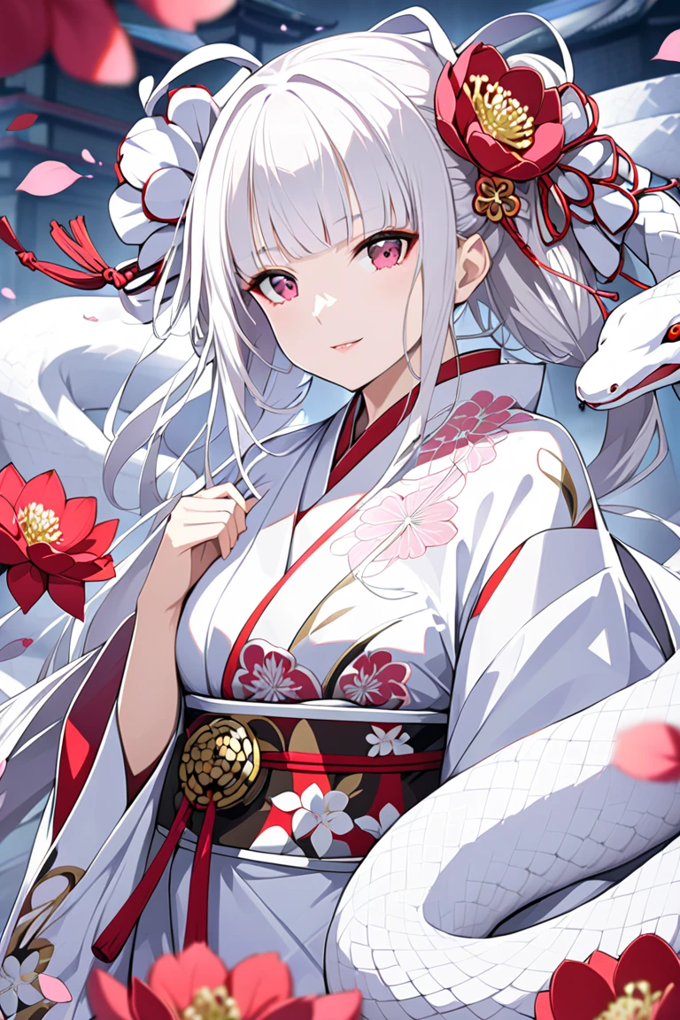 White Snake Beautiful girl wearing a kimono Peony High quality battle card Flower Japan Beautiful High quality High quality