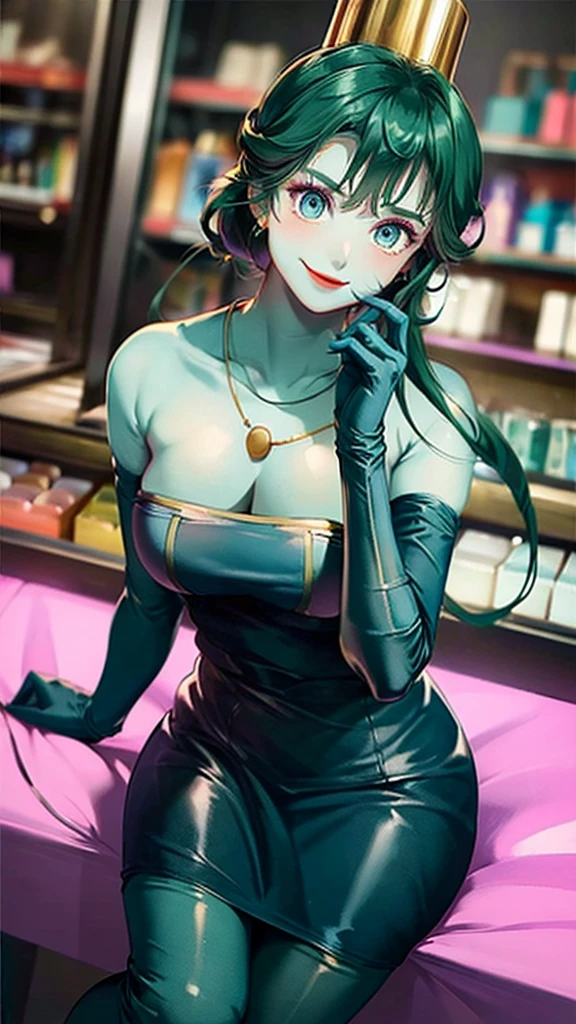 (masterpiece, top quality ,Ultra delicate,  perfect face,16k,   high res ,   very beautiful women,raw photo,cute), Heavy makeup:1.3,  deep green hair  ,  Blue Latex Bodycon Dress ,   Long Blue Latex Gloves  , Light Green Tights ,  Big Breasts , Tall Cylindrical Gold Headpiece ,   blue-white skin, Red gem on forehead, ((Cosmetics counter  )),   necklace,  smile ,  cowboy shot