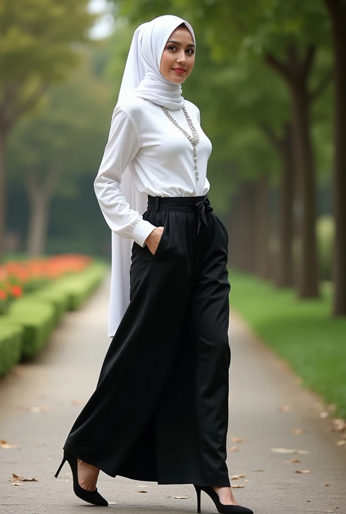  Turkish girl in hijab, White shirt, black loose mini skirt, long white socks,ten memes,big and wide hips,show under the skirt,
in the park,Side pose