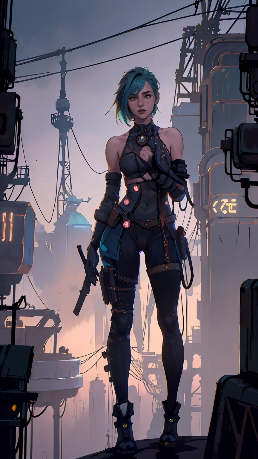 Anime girl with a chainsaw and a gun in her hand, arte cyberpunk por Shitao, Vencedor do concurso Pixiv, arte autodestrutiva, oppai cyberpunk, thicc, Detalhe pesado, (SFW) seguro para o trabalho, heavy appearance, biomechanical oppai, Arte Giantess, badass anime 8 k, thicc build, Tiro Giantess altamente detalhado