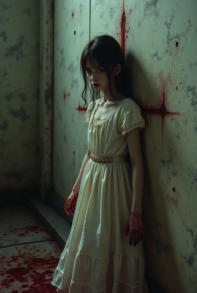 A girl, in the secret room, escape, eerie background, boneless background, terrifying picture, terrifying light, the girl's face is bloodless, there are wounded bandages on her arms, blood on the ground,