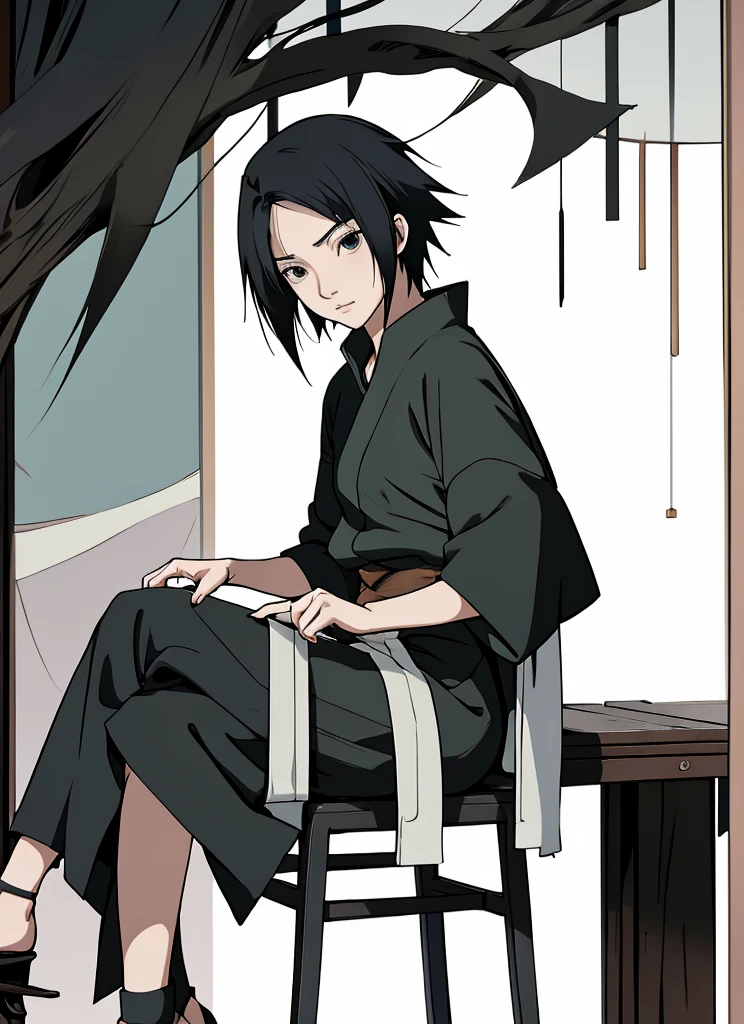 Anime character sitting at a table, Professor of the anime Naruto,  1 woman,  short black hair,  black eyes ,  full body portrait.