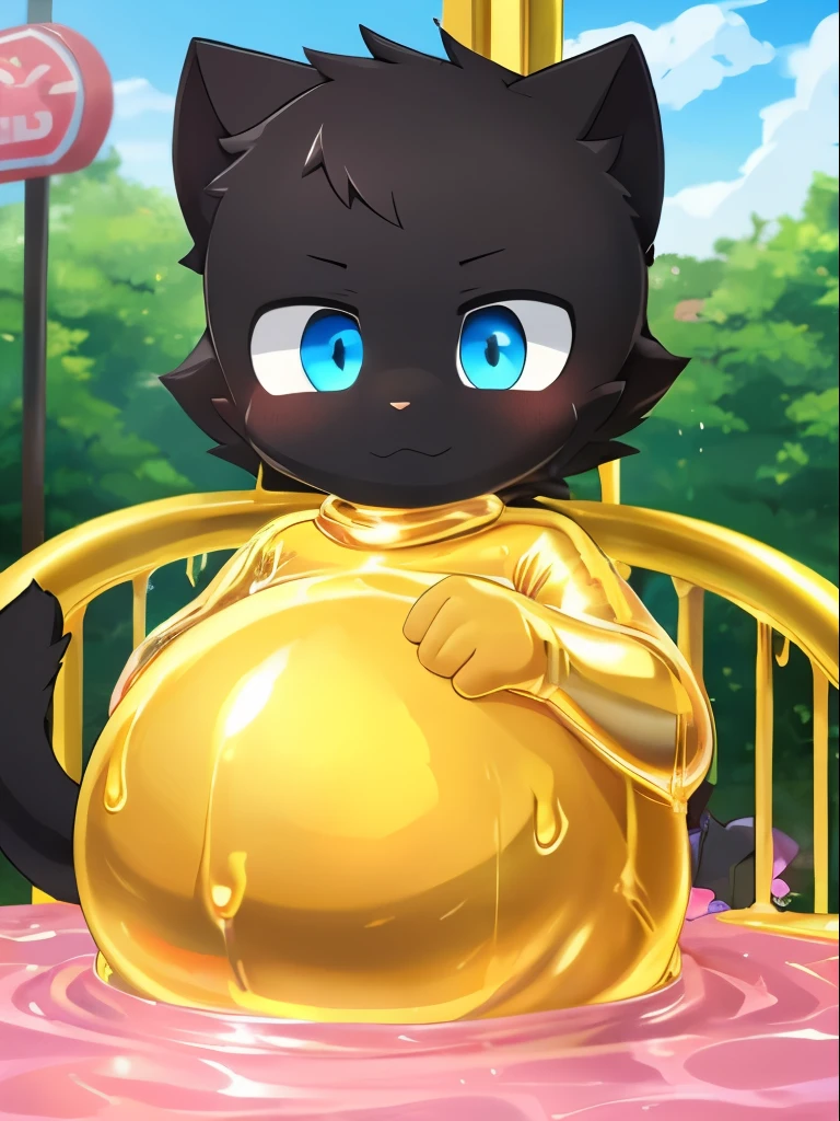 4K,8k,high resolution,masterpiece, best quality,blue eyes, hairy, alone, Wearing a shiny golden slime suit, wet fur, Pink slime drowned,((black cat,Shota))In the amusement park, pregnant male, Black cat attached to slime