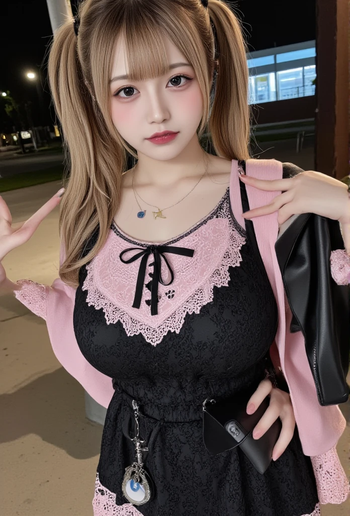 nsfw,Jiraikei_Fashion_Flux,masterpiece, best quality, hyper detailed, insanely detailed, 16k, absurdres, japanese,cute, kawaii, photorealistic, Realism, raw photo, real person,Angelic Very beautiful cute girl,20 yo,Beautiful detailed eyes, Detailed double eyelids,large breasts,

twintails,
jiraikei,Jiraikei_makeup,Jiraikei_fasion, full body, she wears a dark lace dress adorned with pastel pink accents,wide shot,Her blonde twin tails tied with black ribbons gently fall over her shoulders as she looks down at the viewer with a smug,,night,city