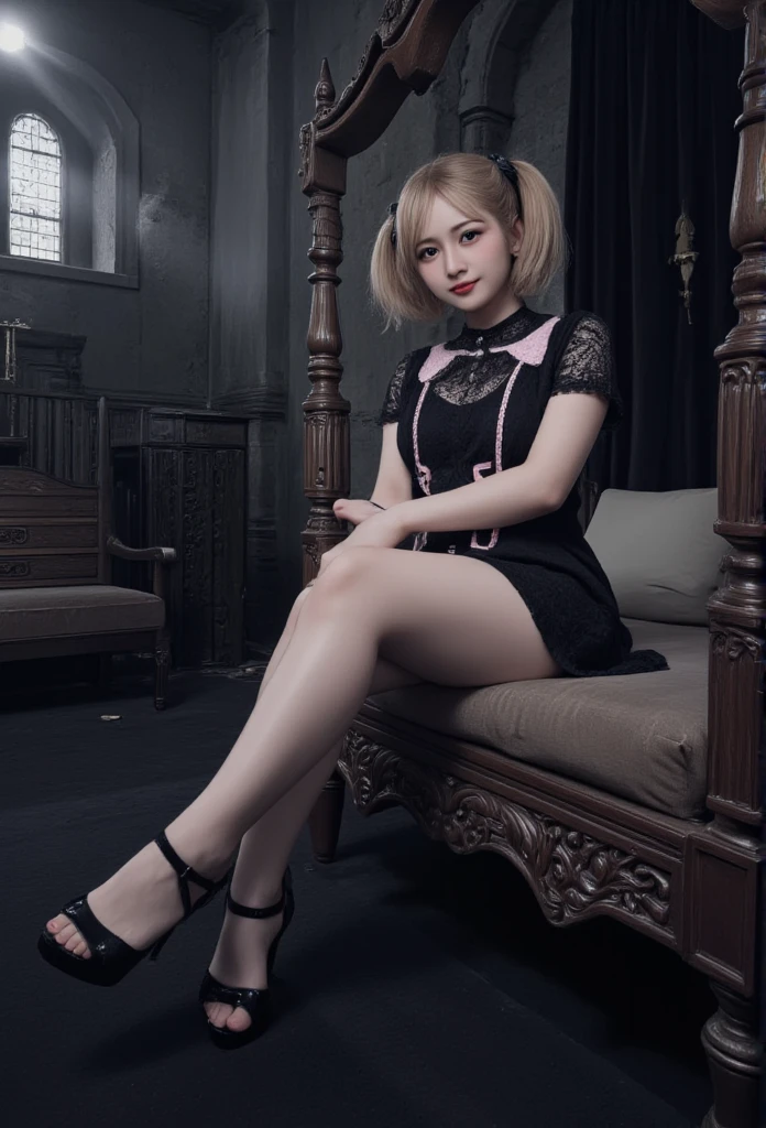 1girl,Jiraikei_Fashion_Flux, sits atop a grand, medieval bed in a dimly lit, ominous castle. Her legs are crossed confidently, and she wears a dark lace dress adorned with pastel pink accents. Her blonde twin tails tied with black ribbons gently fall over her shoulders as she looks down at the viewer with a smug, superior expression, her red eyes. The bed is ornately carved from dark wood, with velvet drapes framing it. The stone walls of the castle are adorned with faded tapestries, and the distant sound of thunder echoes through the grand hall. Shadows twist and dance across the room, giving an overwhelming sense of dread. This **full body, wide shot** captures the full scene of her relaxed posture against the backdrop of a decaying yet majestic medieval setting. **Jiraikei, full body, wide shot, dark medieval castle, foreboding atmosphere, crossed legs**.