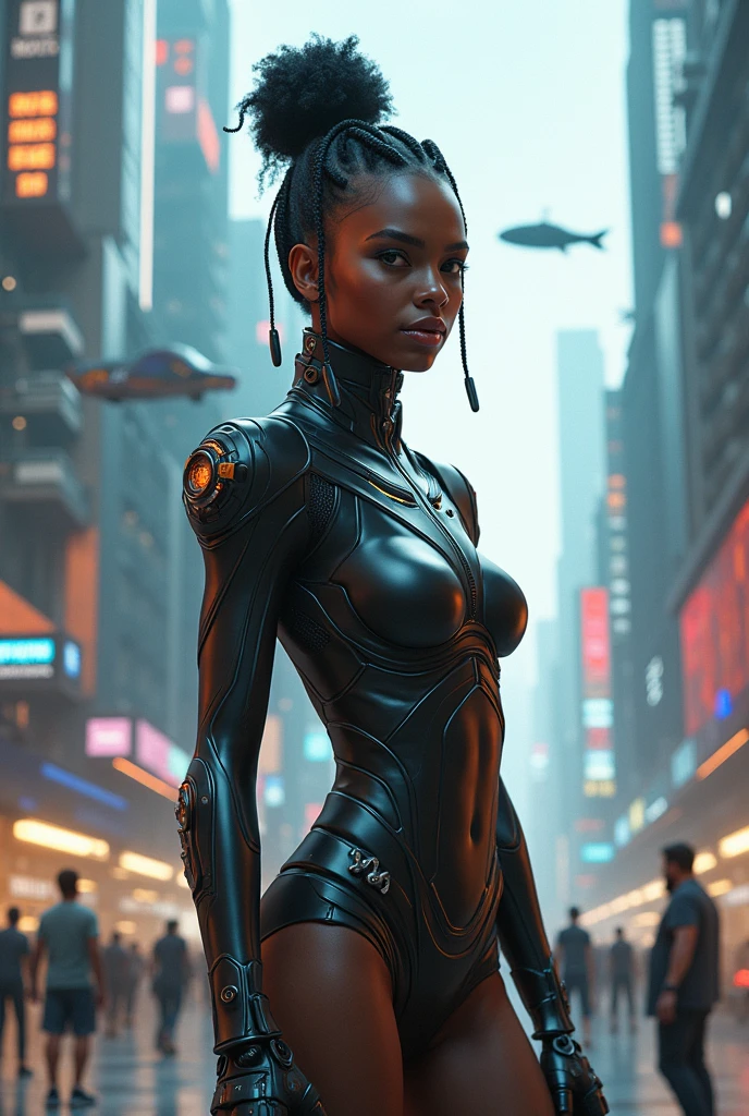 CyberTBug, bald, dark skin, brown eyes, bodysuit, looking at viewer,smiling, standing, arms crossed, outside, city, street, crowd, neon lighting, futuristic, high quality, masterpiece,  <lora:CyberTBug:.7>