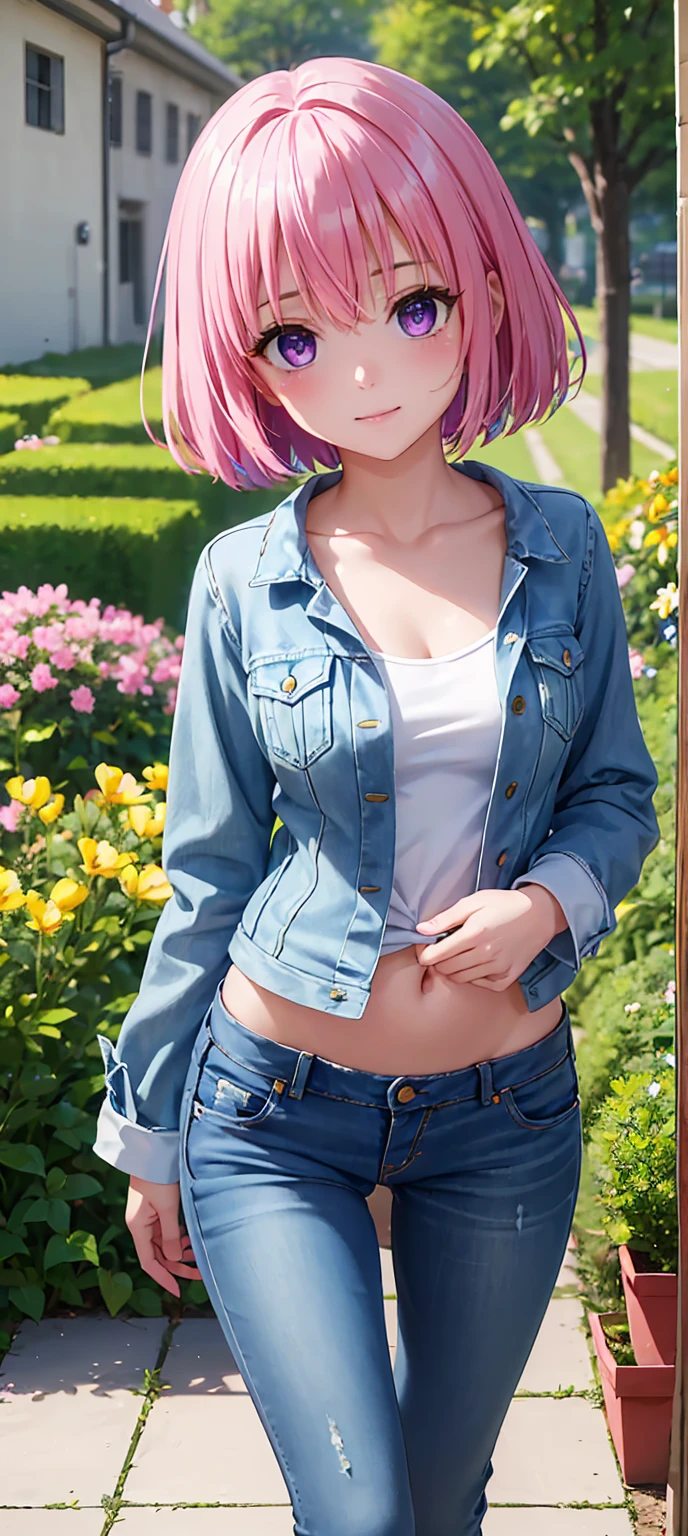 ((Best quality)), ((masterpiece)), (((highly intricate details)), woman, sitting, one crossed legs, leaning to the side, slightly open mouth, sensual looking , ((outdoor:1)), blush, ripped denim jacket, (without shirt), hot pants, pastel pink hair, undercut with geometric design,