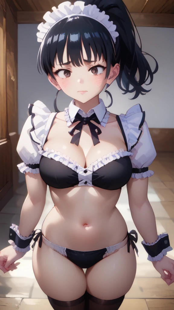 High resolution, Very detailed, perfect lighting, beautiful detailed eyes, ((masterpiece,Best Quality)), absurdities, alone, princess zelda, by the width, crown braid, Hair clip, pointy ears, Gloves without fingers, black gloves, smile, curves, nod, , deep neckline, deep neckline, short skirt, visible underwear, white thong, touching her breasts in a sexy way, close up, Sexy maid costume, black Sexy maid costume, Thinking in the future, Black hair , sitting, en la playa, enfoque centrado