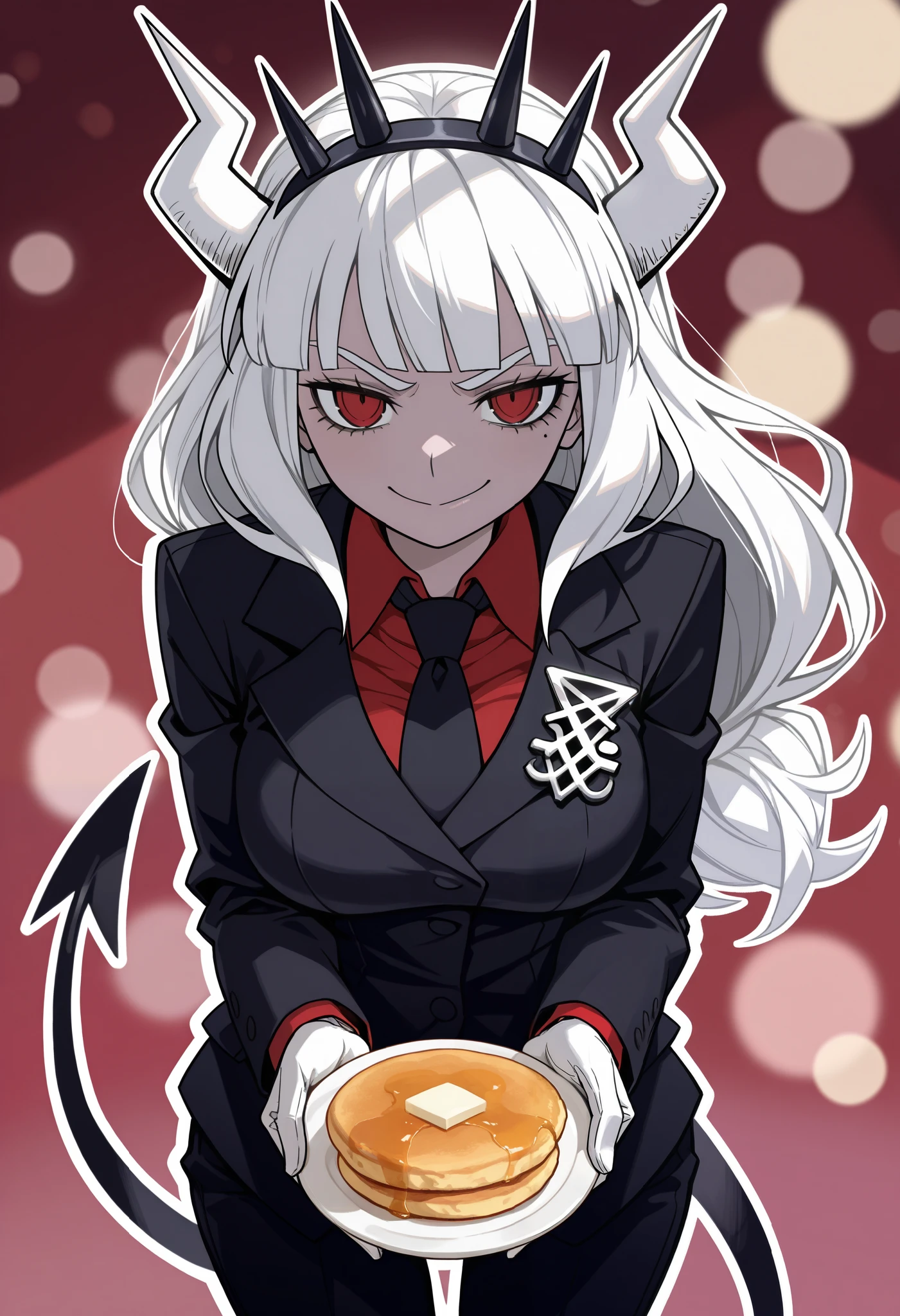 (masterpiece, best quality, high quality, highres, ultra-detailed), 1girl, lucifer (Helltaker), mole under eye, long hair, red eyes, blunt bangs, crown, white horns, demon horns, mature and calm, evil smile, closed mouth, expression formal, business suit, black jacket, badge, long sleeves, red shirt, black necktie, white gloves, black pants, demon tail, looking at viewer, simple bokeh background, beautiful lighting, bokeh, white outline skin, standing, offering pancakes
