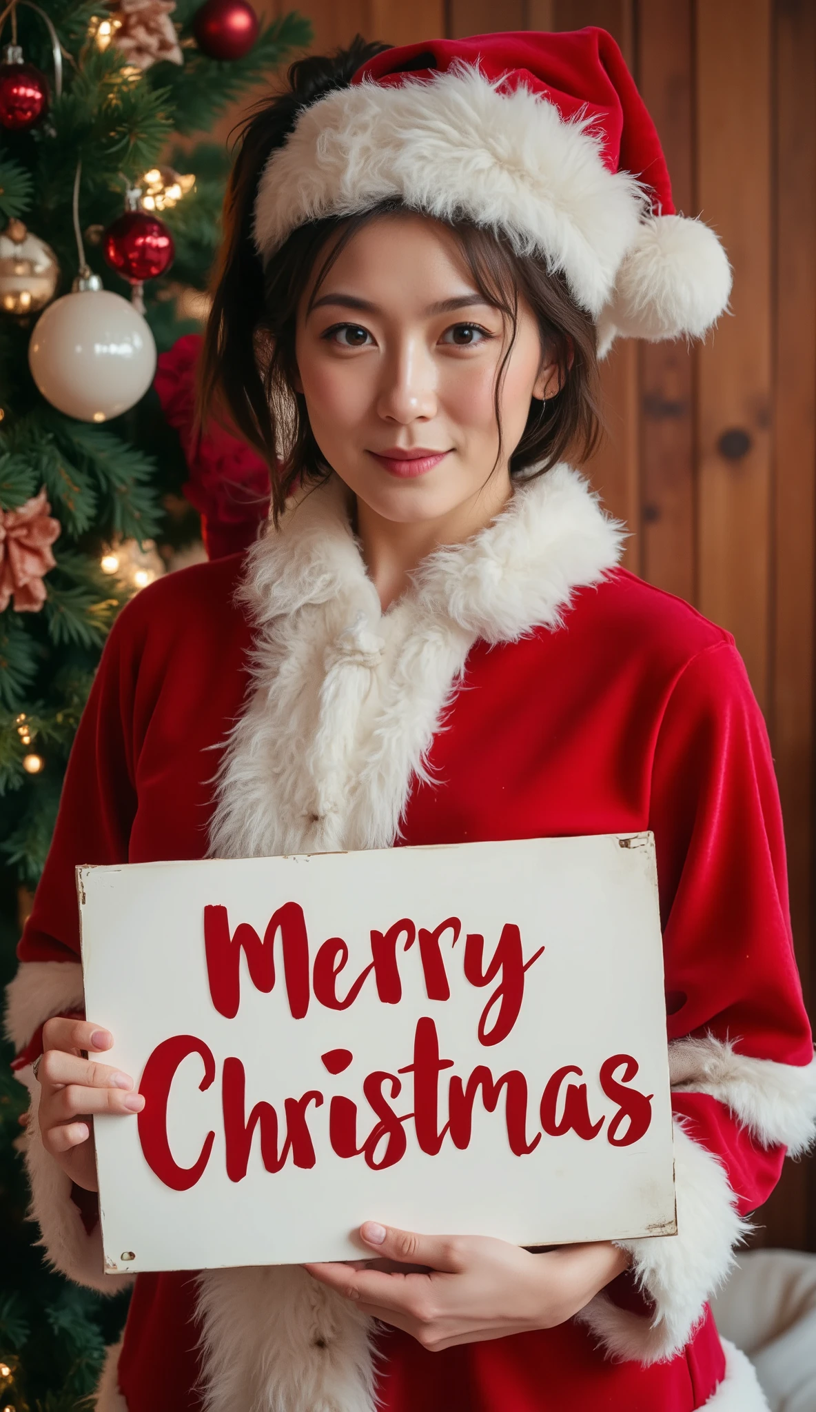  sexy oriental beauty, Santa Claus , placard , "merry christmas"