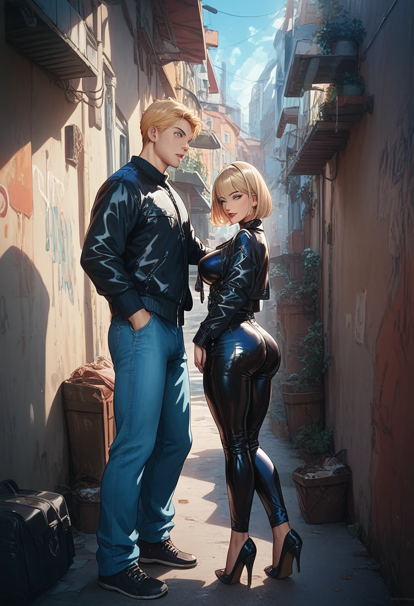 30-year-old mother with short blonde Bob-style hair with big breasts wearing a leather jacket and blouse with a latex neckline and pants and black heels standing in an alley showing her butt caressing a man 