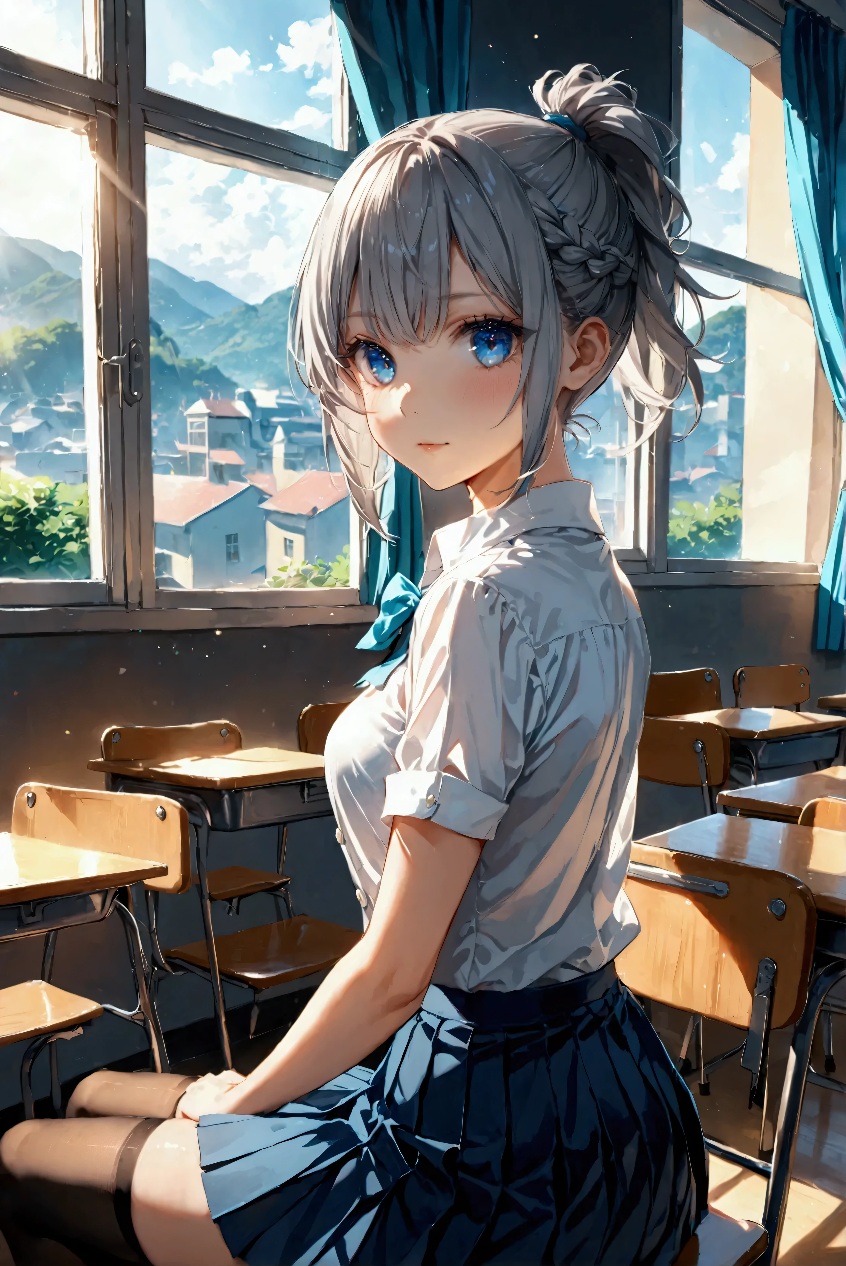 1 Girl, School girl, student, dark blue pleated skirt, skirt, white button shirt that's tucked, black thigh highs, stockings, short hair, back knot hair, grey hair, braided side to ponytail, short ponytail, asymmetrical bangs, turquoise eye color, turquoise eyes, human, cute, sexy, front facing, facing camera, facing viewer front, view, sitting, sitting on desk, legs crossed, classroom, window, sunlight, hands above head, cute pose, full body, master piece, best quality, sharp lines, 8k, 8k Ultra HD, bokeh, blurred back ground, f/2.8 Aperture, depth of field