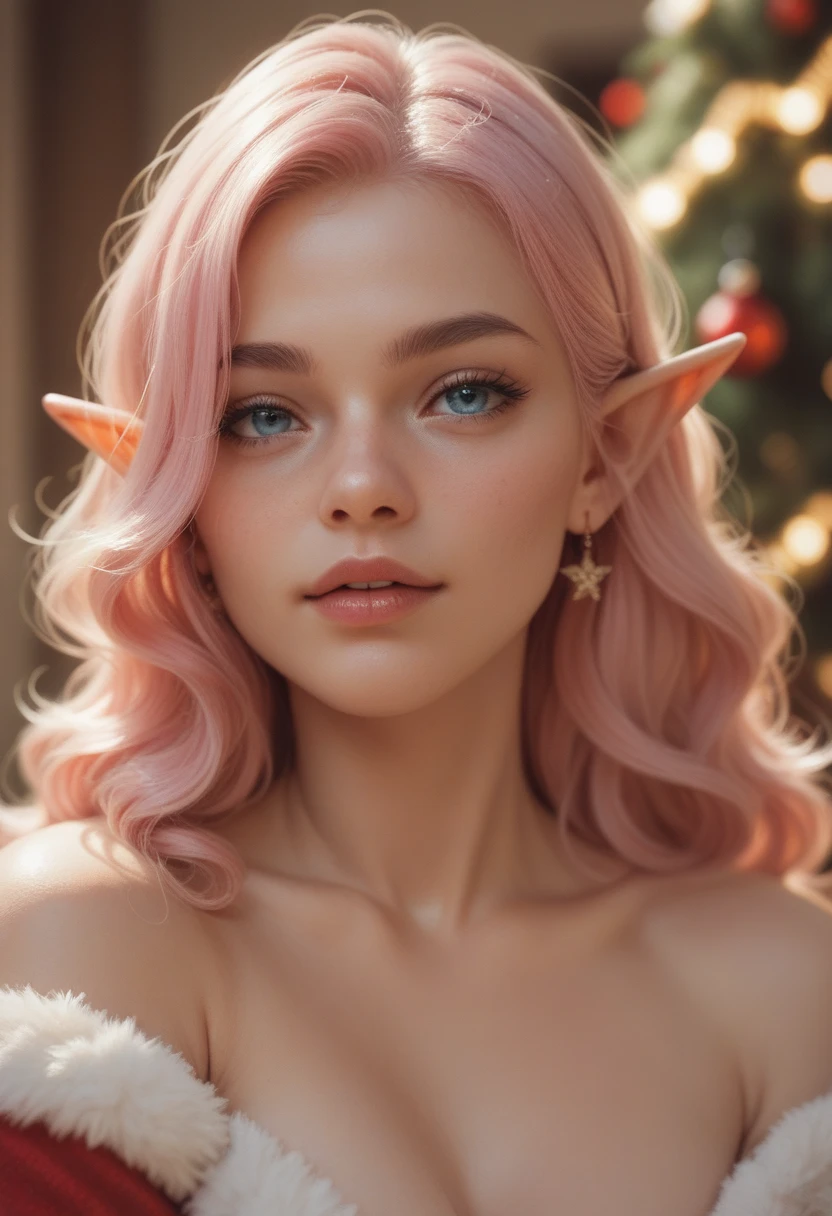 Woman, long wavy hair, blue eyes, pink hair, elf, sexy, christmas