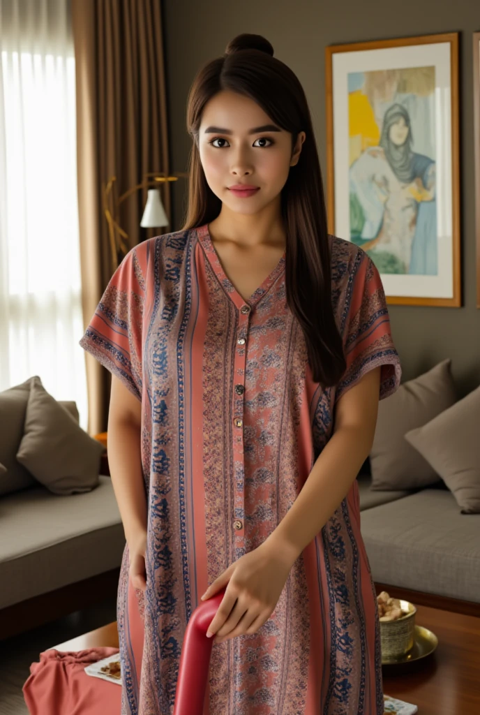 A beautiful indonesian woman, tied hair, wearing inticate pattern daster, vacuum the floor at the living room, bright morning, look at the viewer, natural light, hyper detailed flaws skin, sweaty, 