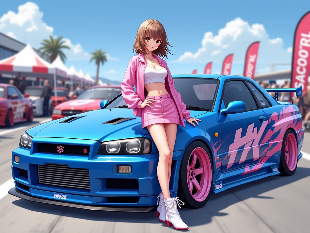1girl, solo, short hair, brown hair, purple eyes, (full body), standing, hands on hip, (sleeveless blue, white and red leotard with yellow accents and star emblem embedded in chest area), (matching white gloves), ((bare legs)), superhero, tokyo city backdrop, matching boots, medium breasts, 20 age, ((black sports car, toyota gt86))
