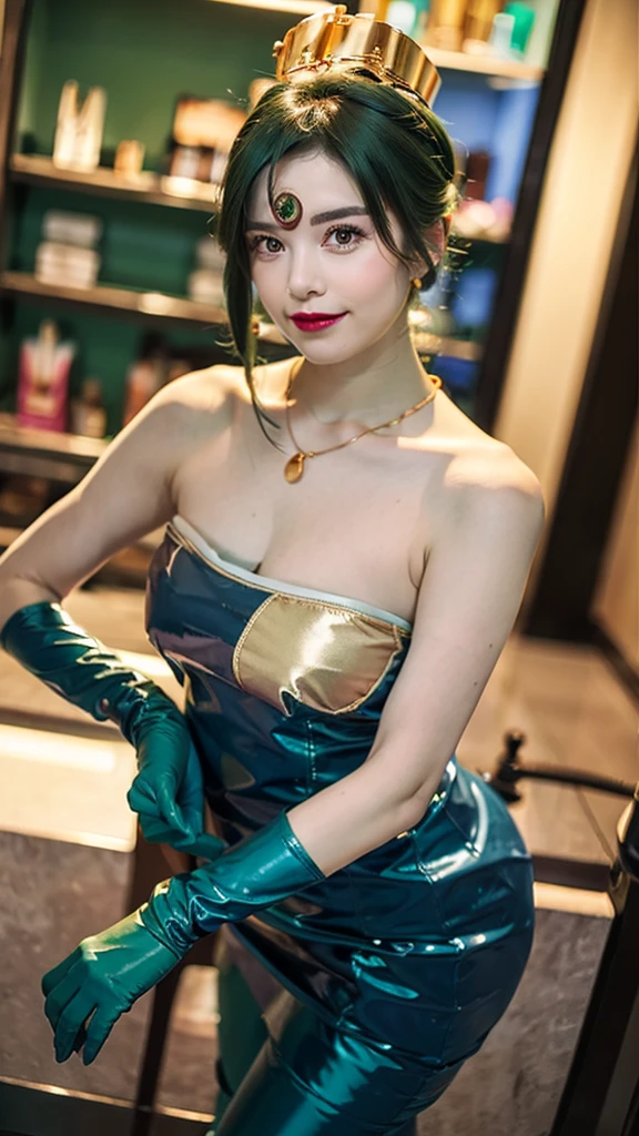 (masterpiece, top quality ,Ultra delicate,  perfect face,16k,   high res ,   very beautiful women,raw photo,cute), Heavy makeup:1.3,  deep green hair  ,  Blue Latex Bodycon Dress ,   Long Blue Latex Gloves  , Light Green Tights ,  Big Breasts , Tall Cylindrical Gold Headpiece ,   blue-white skin, Red gem on forehead, ((Cosmetics counter  )),   necklace,  smile ,  cowboy shot