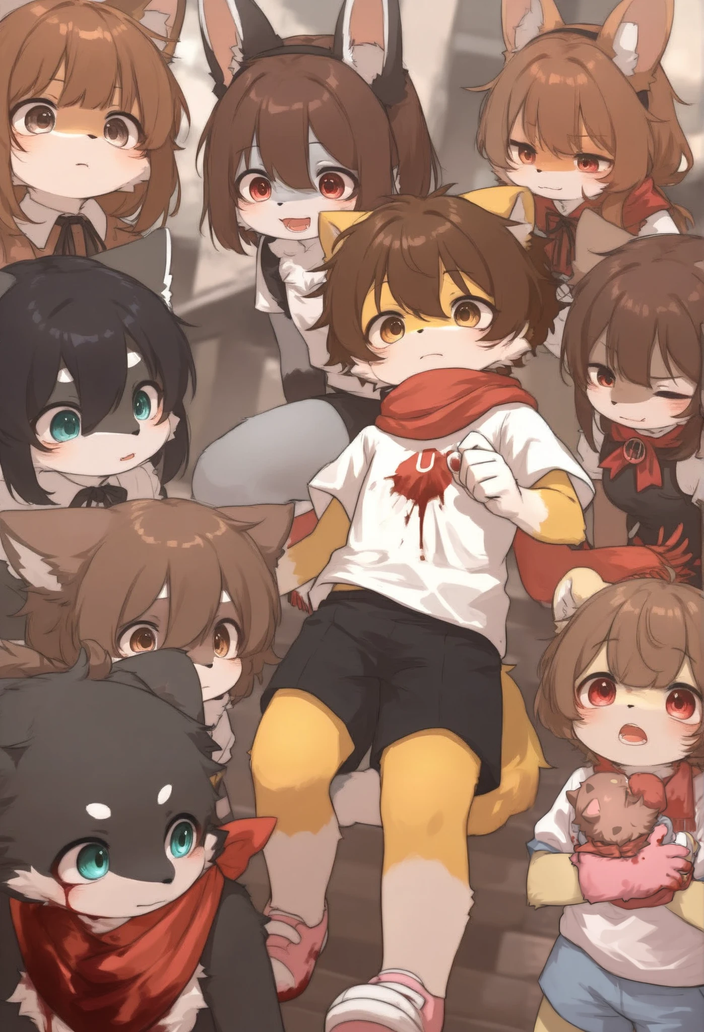 Bunny Girl，furry girl， toddlers， brown hair，Red scarf， shorts，Short sleeve，Blood