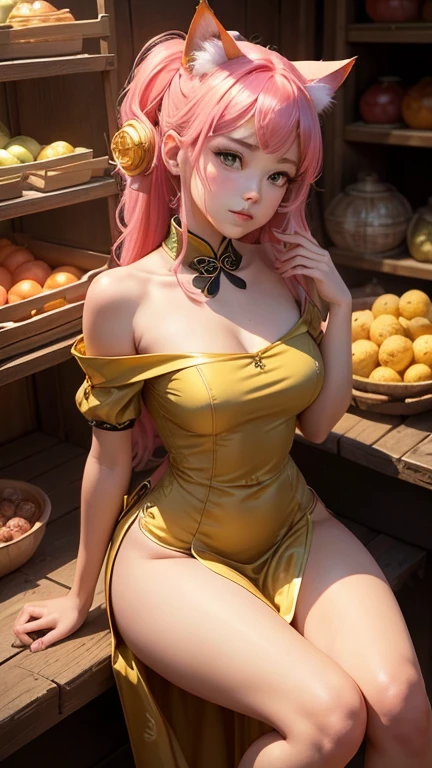 {{{{masterpiece}}}}, {{{super detailed}}}, {{{High resolution}}}, {{excellent anatomy}}, (((highest quality))), ((very delicate and beautiful)), {{very detailed and delicate}}, {8k cg wallpaper},((detailed background))、extremely detailed, solo, perfect face, pretty face, highly detailed face，(muste piece), (best quality)、One female、best style、beautiful woman、The most beautiful woman in the world、(((yellow transparent dress:1.5))),((big breasts))、((palace))、(((long pink hair)))