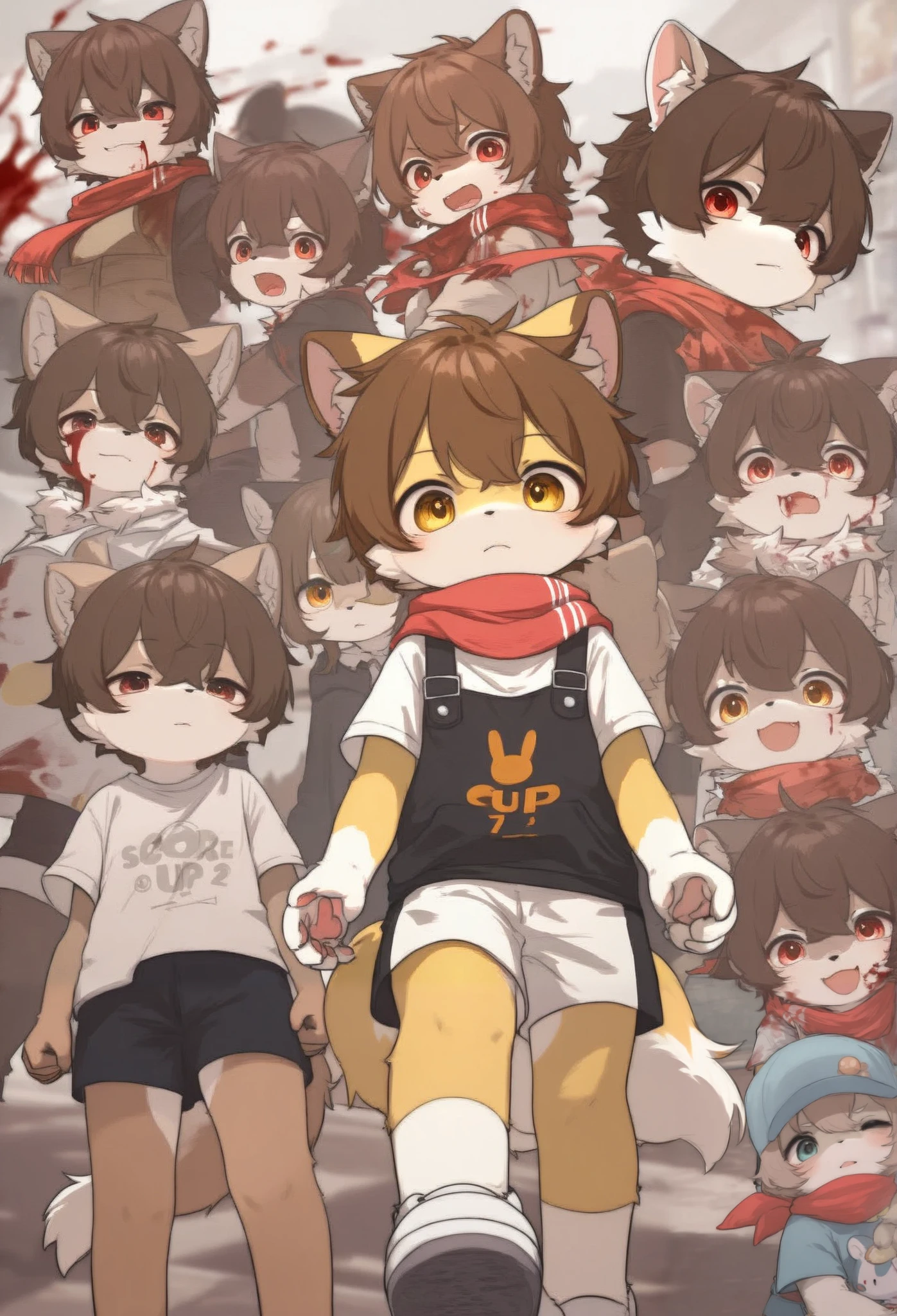 Bunny Girl，furry girl， toddlers， brown hair，Red scarf， shorts，Short sleeve，Blood