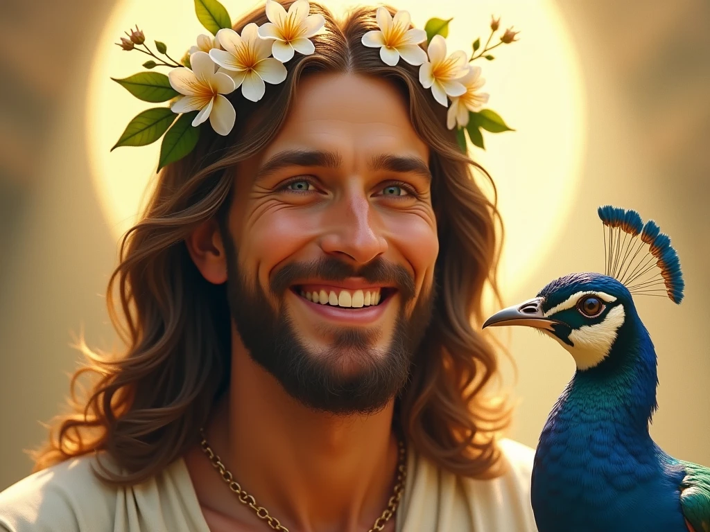 The image depicts a portrayal of Jesus with a radiant and joyful expression. He has long, light brown hair, a beard, and striking blue eyes. A crown of flowers, featuring white blossoms and green leaves, adorns His head, symbolizing peace and purity. Beside Him is a colorful bird, resembling a peacock, with vibrant blue and white plumage. The background is illuminated with a soft, glowing light, suggesting a serene and heavenly atmosphere. The overall image conveys warmth, happiness, and a sense of divine presence.