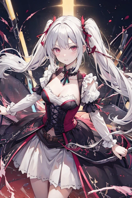 masterpiece, best quality, 1girl, solo, red eyes, silver hair, red streaked hair, demon girl, demon tail, demon wings, demon horns, square pupils, (small breast), street, full body, (night, night sky, red moon), (winter)
