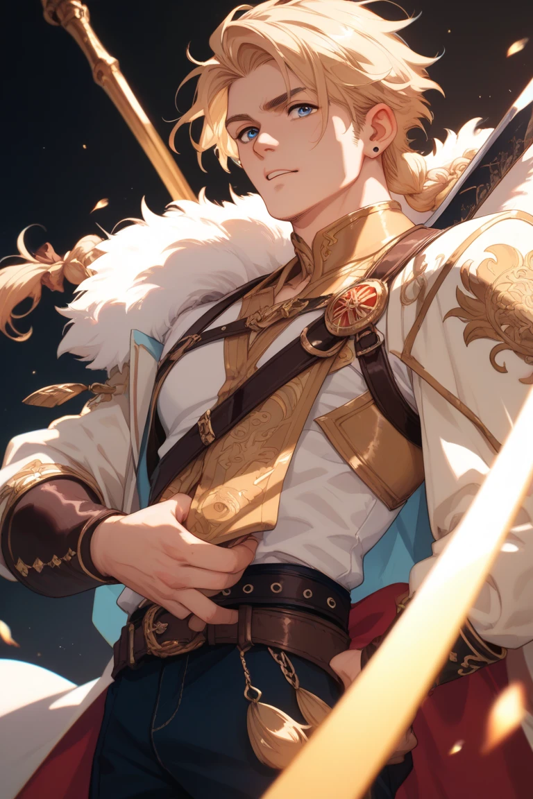 A 25-year-old man with blond hair and braids, with a big golden sword 