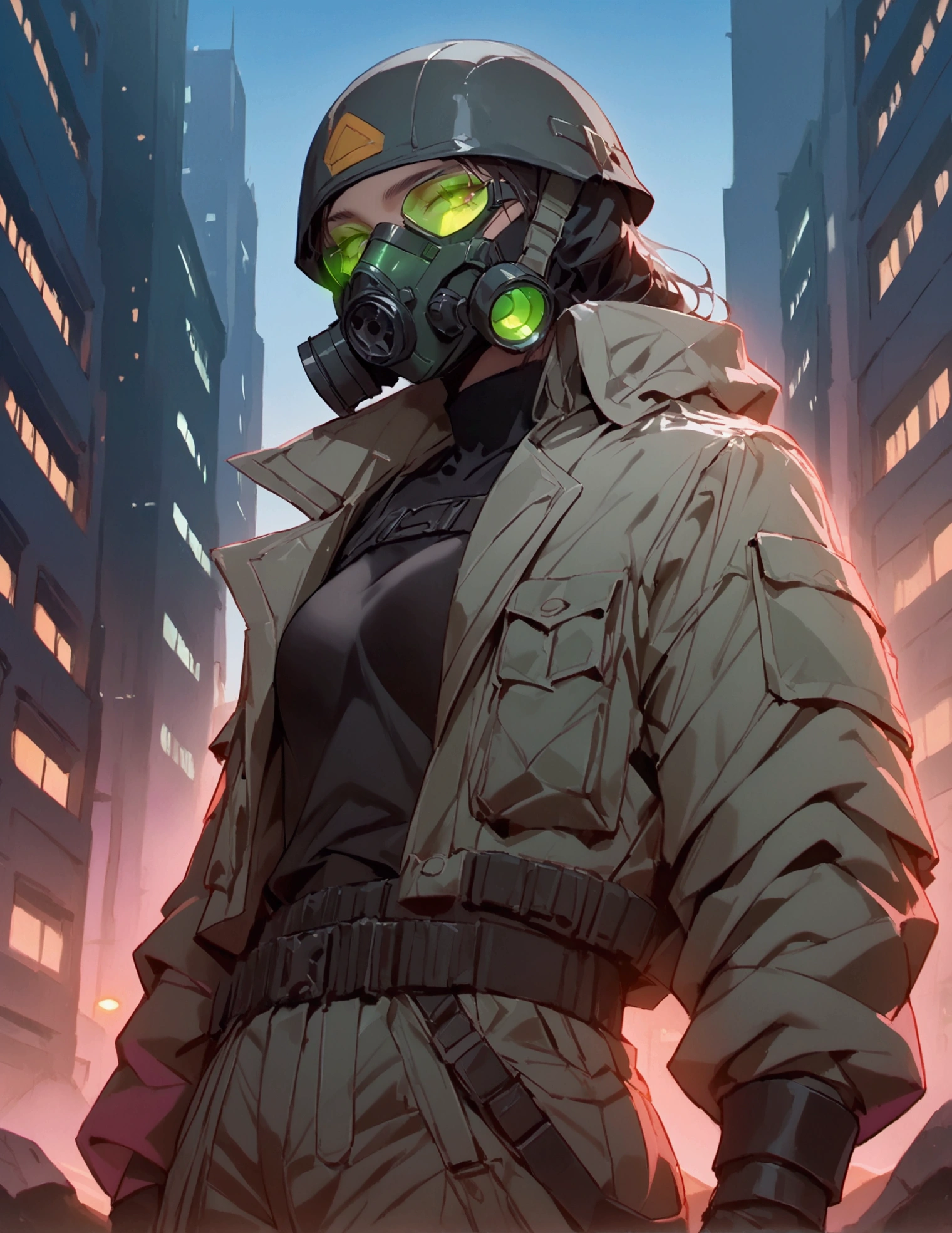 masterpiece, newest, absurdres, safe, high detailed, masterpiece. high detailed, male, Male, black helmet, green lenses gas-mask, grey coat, black shirt, and baggy cargo pants. Faceless, mechanical features like mask and limbs. Post-apocalyptic ruined city background with dark, low-key lighting. overcoat, sci-fi soldier. coat flowing with the wind, Upperbody. Sci-fi soldier, Cyberpunk soldier