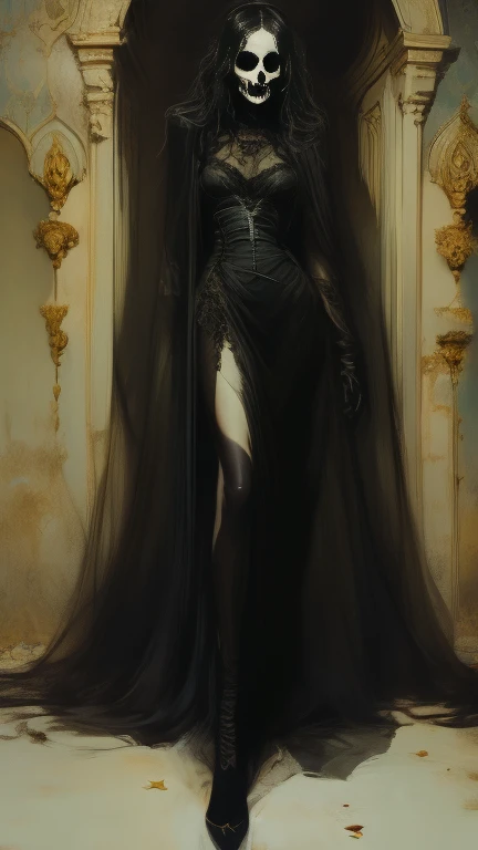 Vampire woman , (vampire), (goth vampire) (  full body), 8K, ((  open eyes  )),  full body, flawless face,  beautiful face,  Girl with a soft body  ,  beautiful woman , Perfect face , (symmetrical), (( a girl)), gothic beauty, pale skin,  open eyes  , (  open eyes  y detallados), realistic look, sharp focus face  , realistic look texture, ((  small breasts  )),  super detailed skin  , skull background  , [Cara sexy,  Analog Style ,  faint and changing lighting  , atmospheric, (( Very long and beautiful black hair  )), (  long hair),  Elegant semi-transparent dress, neckline, corset, socks,  beautiful face , make-up,  black lipstick ,  long eyelashes  ,  Beautiful legs  . calaveras en el suelo