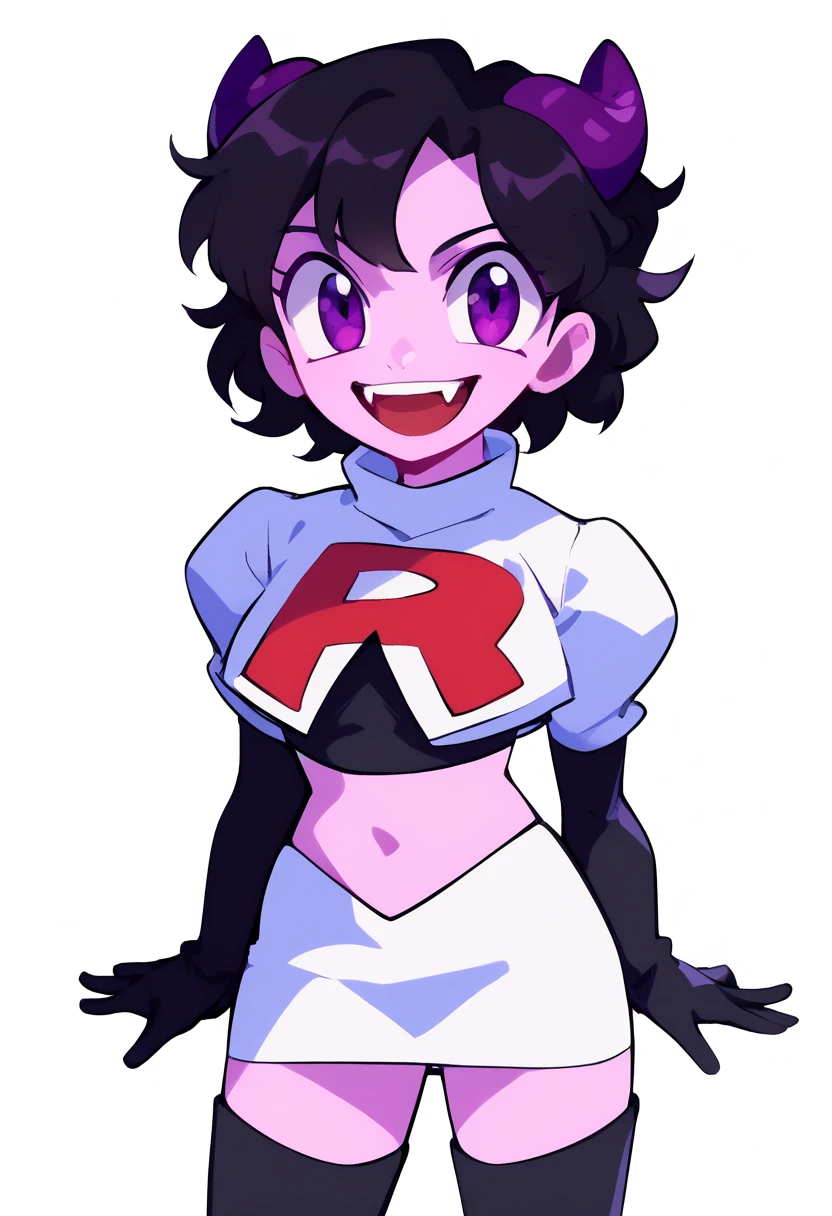 jellybean_yt, solo, looking at viewer, smile, short hair, open mouth, black hair, 1girl, white background, purple eyes, female focus, horns, teeth, colored skin, fangs, team rocket,team rocket uniform,white skirt,red letter R,crop top,black thigh-highs,black elbow gloves, source