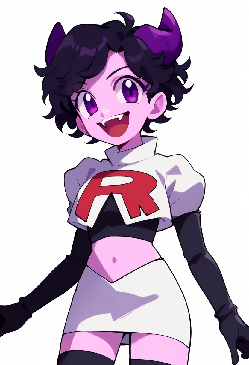 jellybean_yt, solo, looking at viewer, smile, short hair, open mouth, black hair, 1girl, white background, purple eyes, female focus, horns, teeth, colored skin, fangs, team rocket,team rocket uniform,white skirt,red letter R,crop top,black thigh-highs,black elbow gloves, source