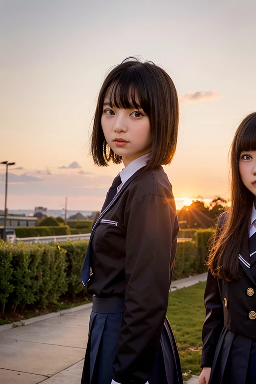 20-year-old women、Baby Face, twin Girls, black School uniform, sunset, profissional photography