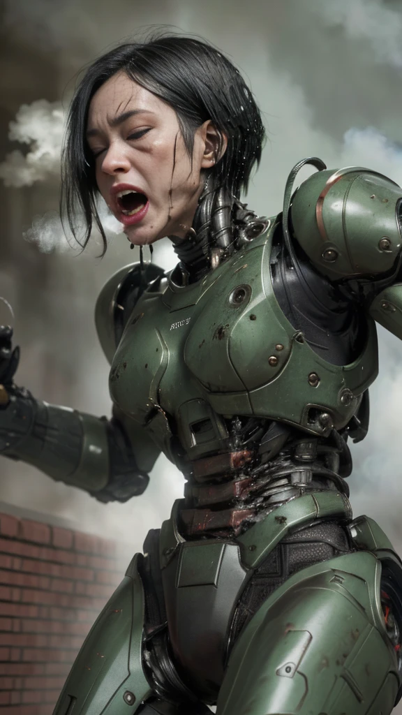 ,  非常に  Detailsな,   Details,   high image quality, 最  high image quality,     high res  , 1080P 、  smoke coming out of the wound   　  green armor  、    Steam Coming Out   、cute((全身のSerious damage))(   injured woman in a robotic suit ...)()(Broken Armor)((   cracks are spreading   ))(Black   smoke coming out of the wound   )   black hair、  short boyish hair 、Torn Armor、   wet hair 、  close your eyes 　 Open Your Mouth 、(  steam coming out of the body  )Sweaty face、It hurts again、Serious damage、saliva splashes out of her mouth 、saliva dripping from the mouth、  Female college student lifting  　Walk a short distance　 首の周りの肌が見えない injured woman in a robotic suit   　(  steam is coming out of my face  ) (( black  smoke coming out of the wound   ))   looks up　saliva　(   back view  )    being slammed against a wall  　Bust exposure  　Armor is peeling   