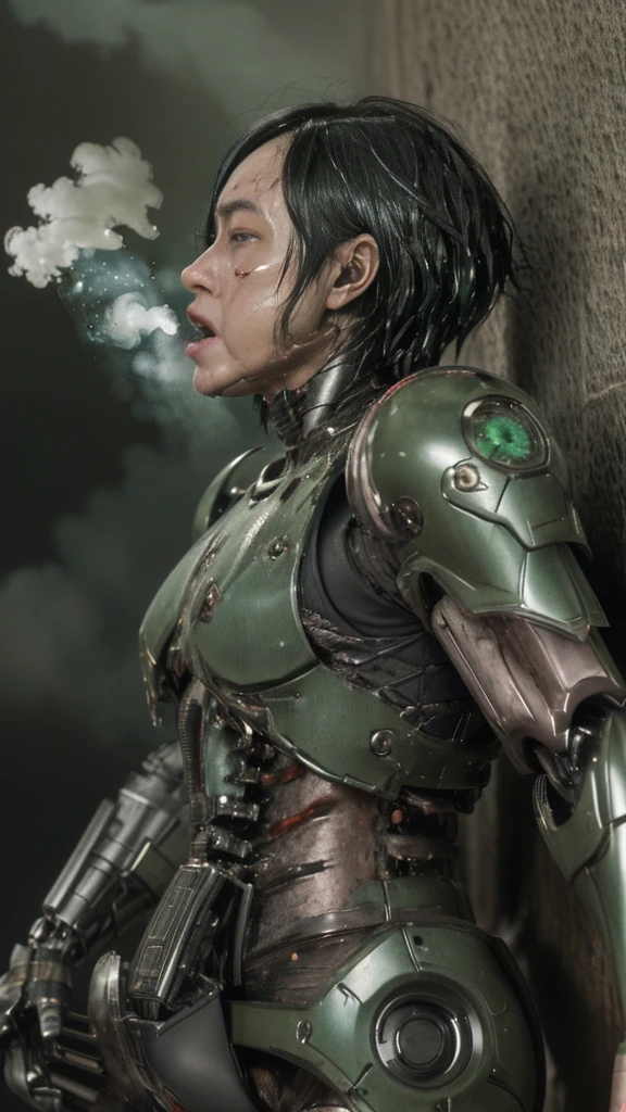 ,  非常に  Detailsな,   Details,   high image quality, 最  high image quality,     high res  , 1080P 、  smoke coming out of the wound   　  green armor  、    Steam Coming Out   、cute((全身のSerious damage))(   injured woman in a robotic suit ...)()(Broken Armor)((   cracks are spreading   ))(Black   smoke coming out of the wound   )   black hair、  short boyish hair 、Torn Armor、   wet hair 、  close your eyes 　 Open Your Mouth 、(  steam coming out of the body  )Sweaty face、It hurts again、Serious damage、saliva splashes out of her mouth 、saliva dripping from the mouth、  Female college student lifting  　Walk a short distance　 首の周りの肌が見えない injured woman in a robotic suit   　(  steam is coming out of my face  ) (( black  smoke coming out of the wound   ))   looks up　saliva　(   back view  )    being slammed against a wall  　Bust exposure  　Armor is peeling   