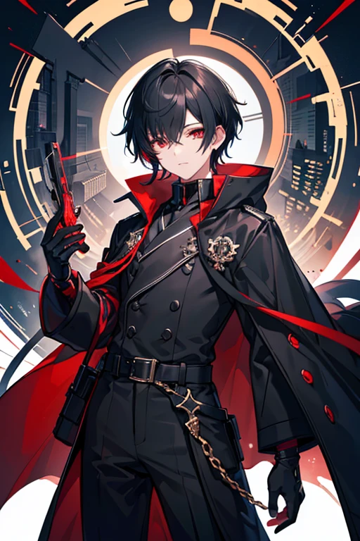 (( top quality )), ((masterpiece)), (  Details),　Male young  　  black hair with one eye hidden  　  futuristic industrial anime clothing  　  long coat in slightly larger black 　 black and red 　  red eyes　 unfolding a blue magic circle  　  holding red and black blades in both hands 