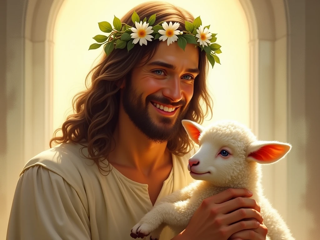 The image depicts a portrayal of Jesus with a radiant and joyful expression. He has long, light brown hair, a beard, and striking blue eyes. A crown of flowers, featuring white blossoms and green leaves, adorns His head, symbolizing peace and purity. He is gently holding a lamb in His arms, symbolizing care, compassion, and His role as the Good Shepherd. The background is illuminated with a soft, glowing light, suggesting a serene and heavenly atmosphere. The overall image conveys warmth, happiness, and a sense of divine presence.