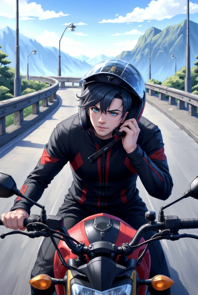 ((score_9, score_8_up, score_7_up, score_6_up)). Pivalora1, a 25-year-old man with short black hair and a side fringe, bright blue eyes, is in a riding pose, holding the handlebars of a motorcycle with one hand and adjusting the visor of the helmet with the other. He is dressed in a black motorcycle suit with red details. The setting is a mountain road with mountains, winding curves, and lampposts. The natural light creates soft reflections and gentle shadows, highlighting the character's concentration and emotion. He is in a riding stance, with his body leaning forward and ready for action, moving with his hair and suit swaying in the wind. The environment is modern and adventurous, with natural lights and soft shadows. The composition is balanced, with the character at the center of attention, surrounded by the adventurous elements of the mountain road. The underlying narrative suggests a story of adventure and freedom, with the character facing challenges with concentration and emerging as a skilled and determined figure. (((straight_on))), handfixer